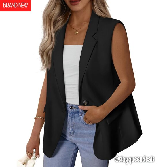 Oversized Sleeveless Blazer Vest Notched Lapel Button Closure Business Casual